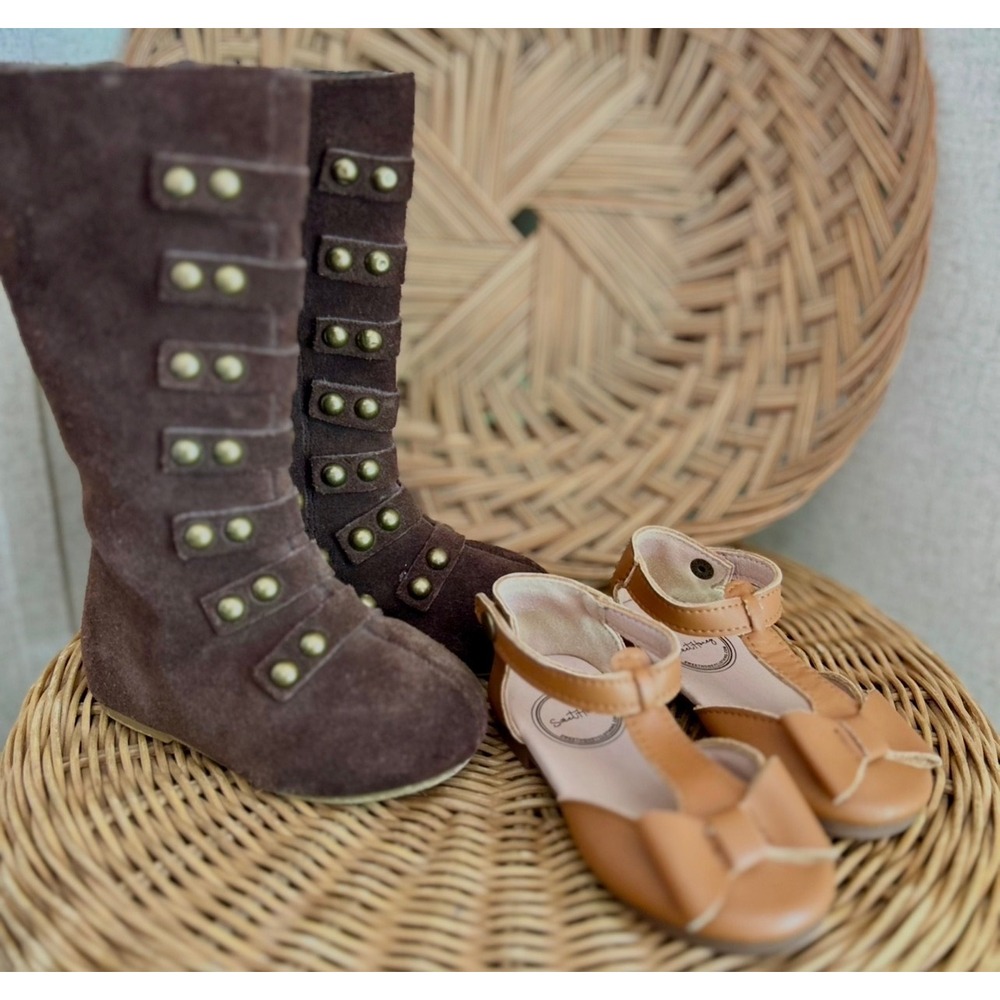 Joyfolie Brown Suede Studded Boots & SweetHoney Tan Bow Sandals Toddler 4 Lot
